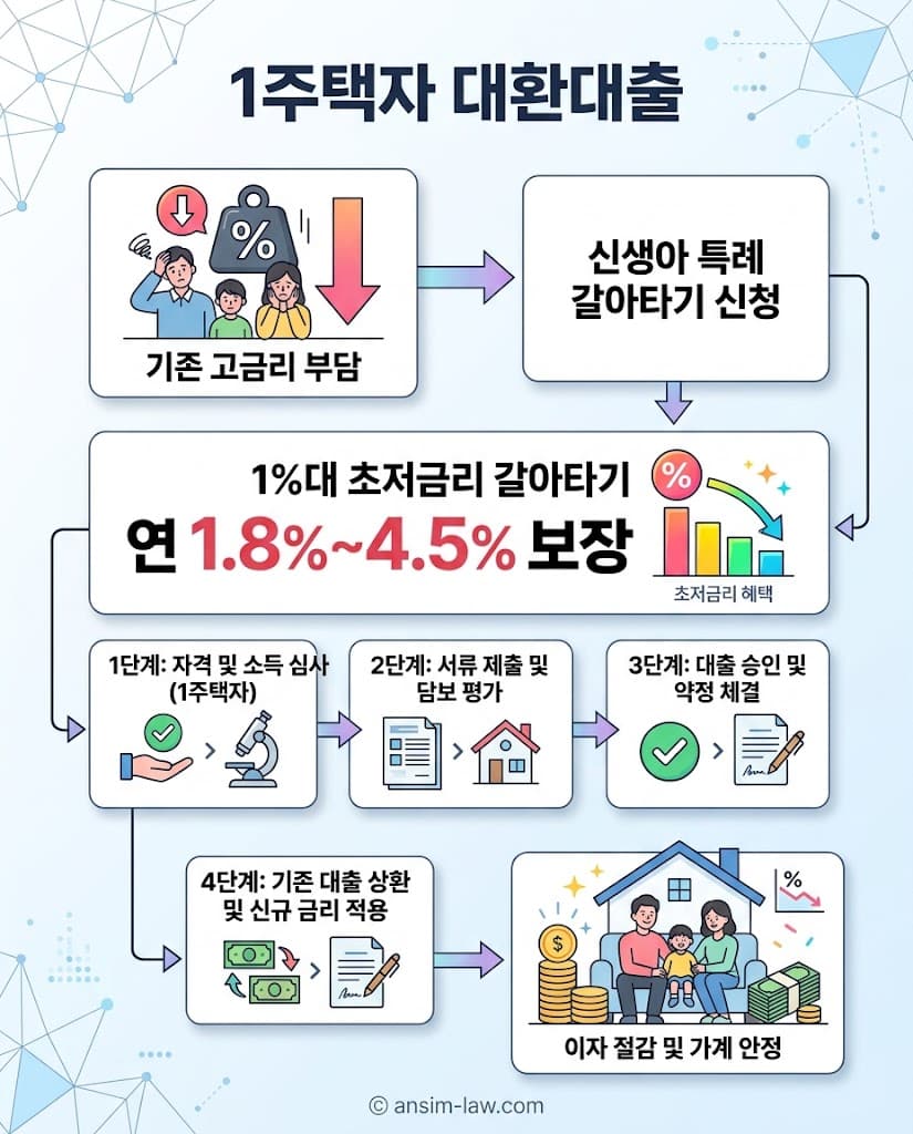 아파트 후순위 담보대출 방어용 1주택자 기존 주택담보대출을 1%대 초저금리 신생아 특례대출로 대환하는 절차 플로우차트