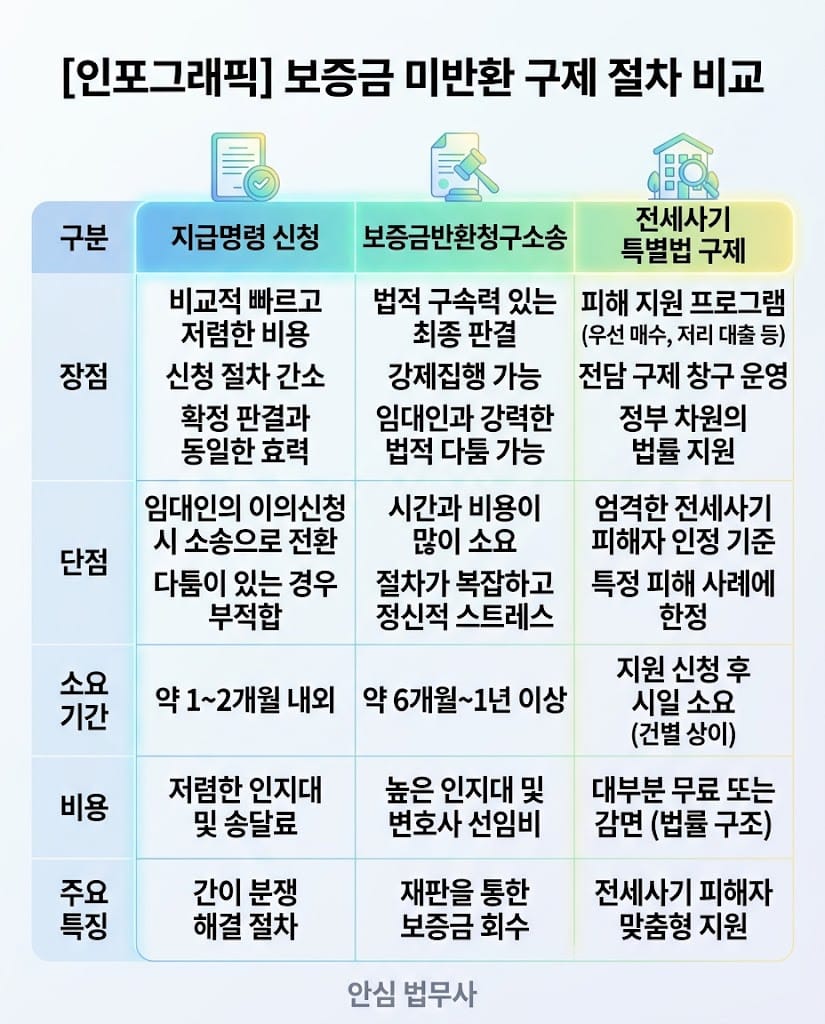 지급명령, 보증금반환청구소송, 전세사기 특별법 구제 등 상황별 최적의 구제 절차와 법률 상담 비용을 비교 분석한 표입니다.