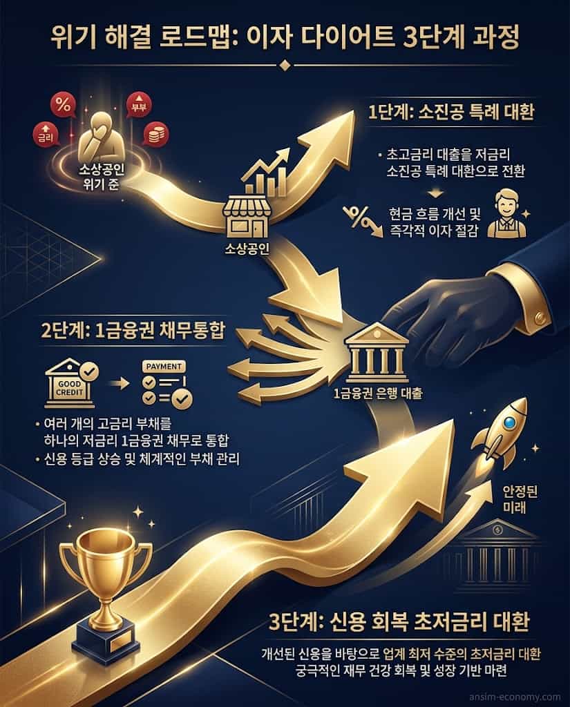 소상공인 대환대출 3단계 해결 로드맵: 소진공 특례 대환, 1금융권 채무통합 플로우차트