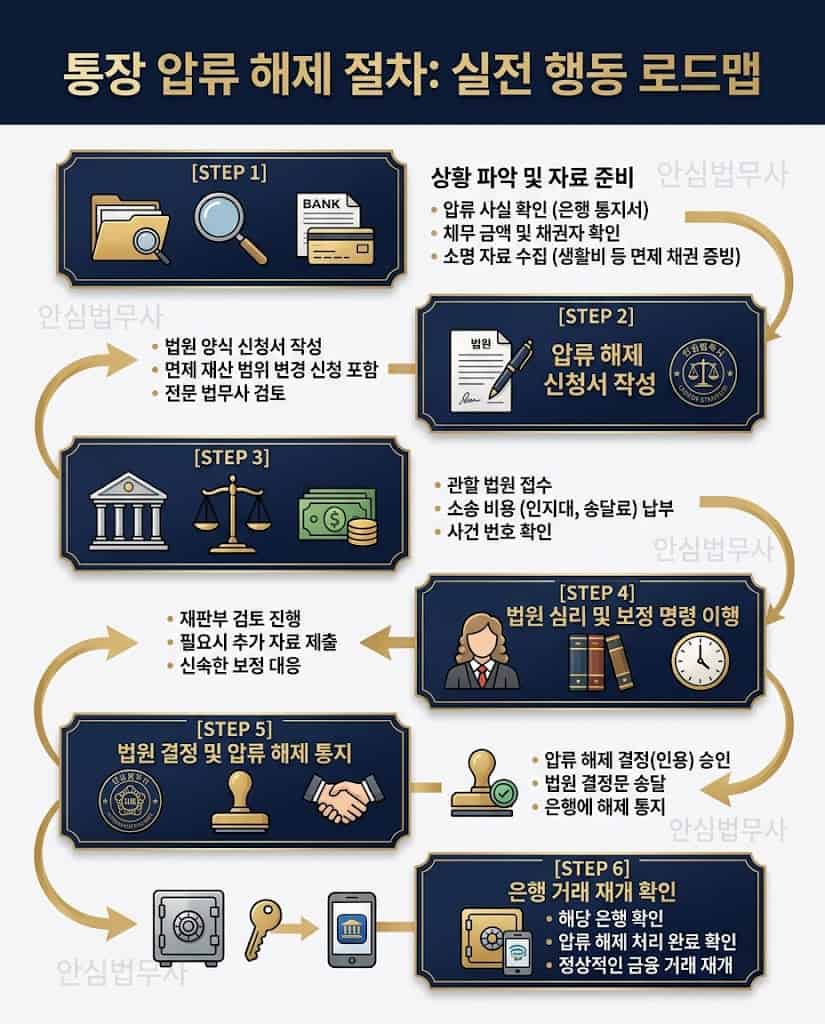 통장 가압류 해제 및 정부지원금 자격 조회 실전 절차 인포그래픽