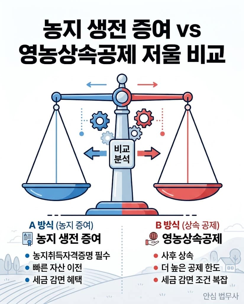 생전 농지 증여와 사후 영농상속공제의 세금 및 혜택을 정밀하게 비교하여 세무조사 방어를 돕는 저울 다이어그램