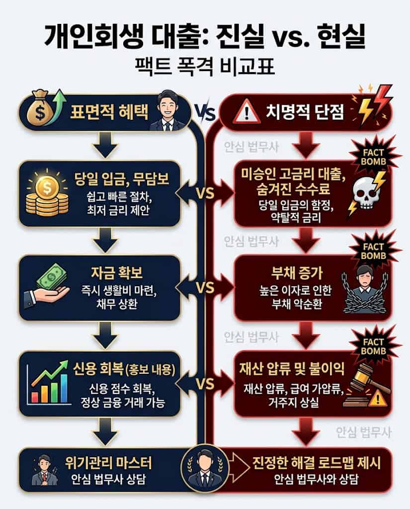 개인회생 인가 후 대출 표면적 혜택과 실제 단점 비교 인포그래픽