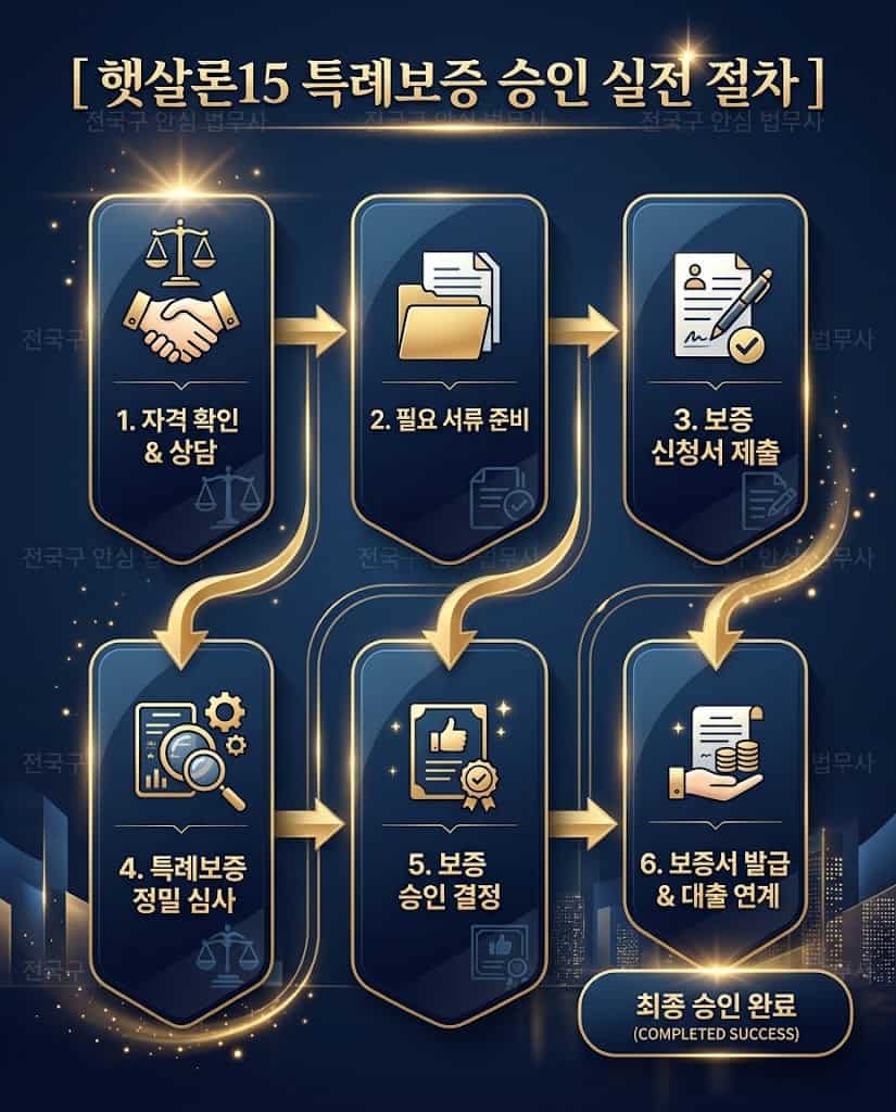 햇살론15 특례보증 단계별 실전 절차 및 비대면 채무통합 인포그래픽