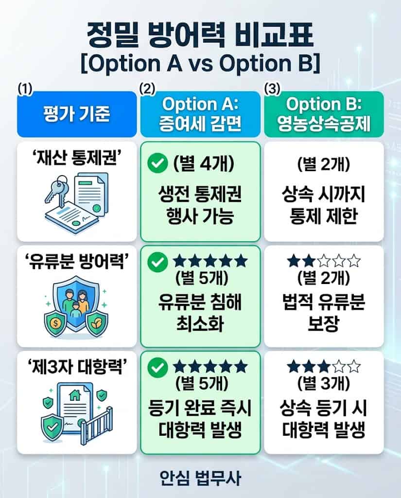 농지 증여와 영농상속공제의 재산 통제권 및 유류분 방어력을 비교한 부동산 전문 세무사 수준의 모바일 최적화 정밀 대조표