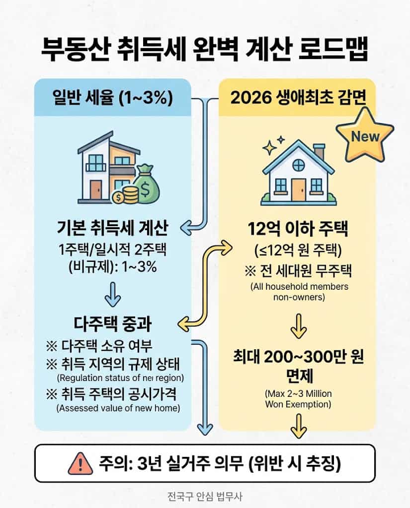 2026년 생애최초 감면 및 다주택자 중과세를 포함한 부동산 취득세 계산기 활용 플로우차트