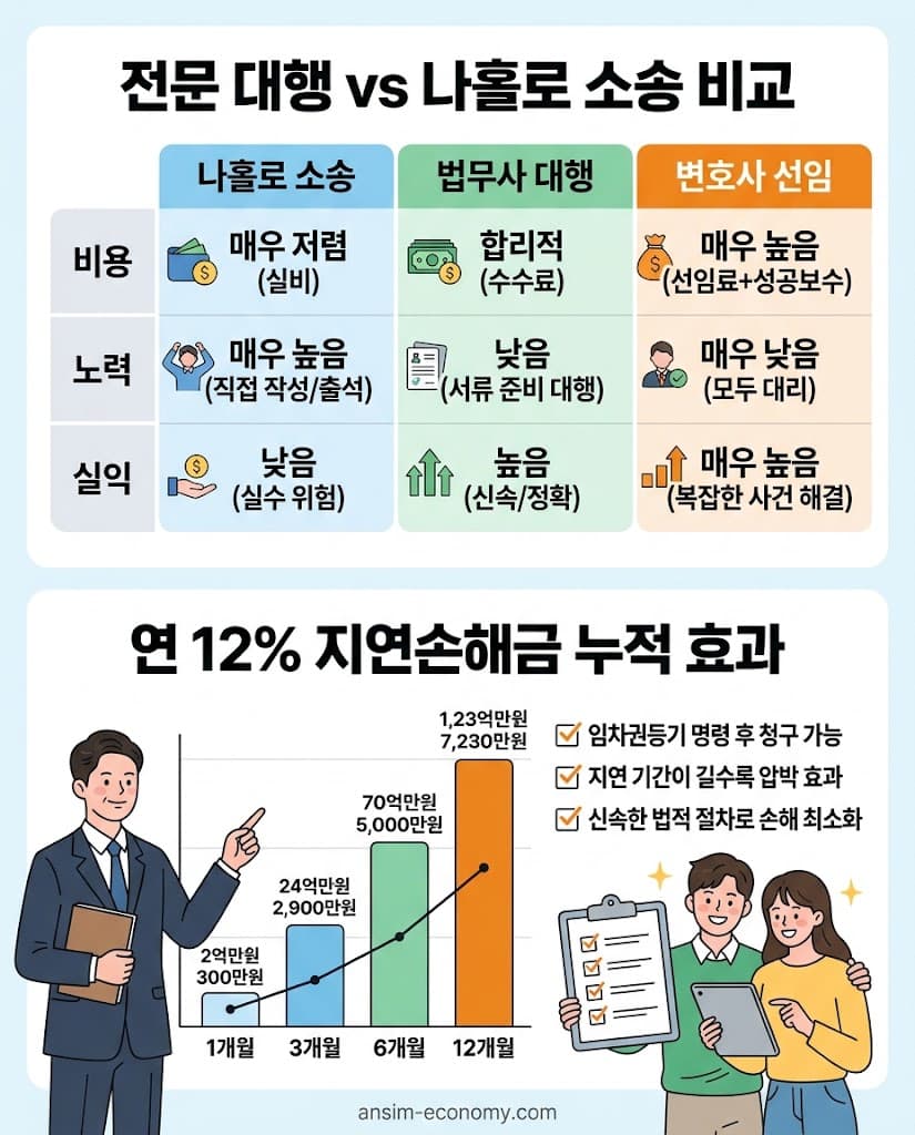 나홀로 소송과 법무사 비용 비교 및 연 12% 지연손해금 누적 액수 시각화 데이터