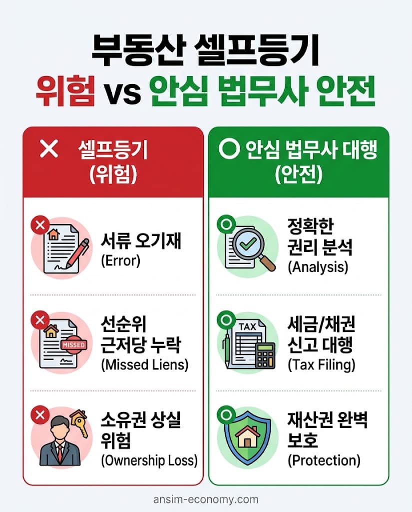 치명적인 부동산 셀프등기 단점과 아파트 소유권이전등기 법무사 대행의 안전성 비교표